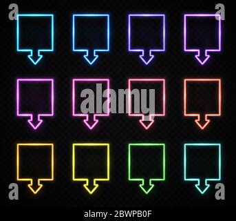 Neon square arrow colorful signs set. Realistic light glowing pointers on transparent background. Location indicator for casino, bar, cinema, night cl Stock Vector