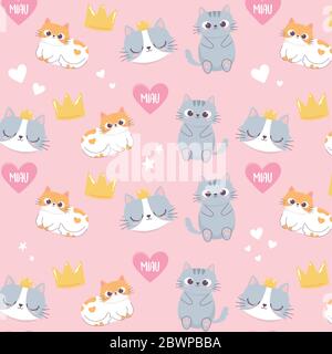 cute cats heads crown love heart cartoon animal funny character background vector illustration Stock Vector