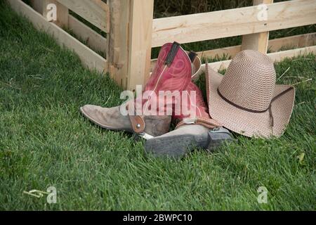 Cowboy boots and hat still life Stock Photo