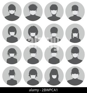 Set of round avatars in medical masks. Black silhouettes of masked men and women on a gray background. Stock Vector