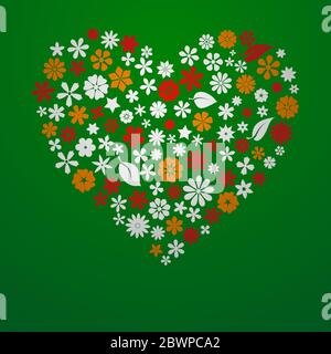 Big heart made up of flowers and leaves, white, yellow and red on green background Stock Vector