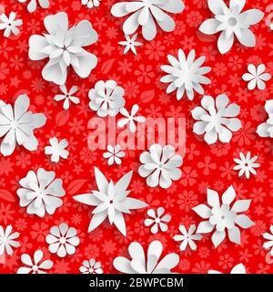 Seamless pattern with floral texture in red colors and big white paper flowers with soft shadows Stock Vector