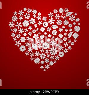 Big heart made up of flowers and leaves, white on red background Stock Vector