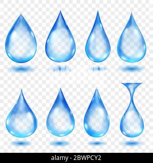 Set of translucent water drops in blue colors in various shapes, isolated on transparent background. Transparency only in vector format Stock Vector