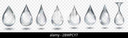 Set of translucent water drops in gray colors in various shapes, isolated on transparent background. Transparency only in vector format Stock Vector