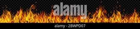 Banner of translucent fire flames and sparks with horizontal repetition on transparent background. For used on dark illustrations. Transparency only i Stock Vector