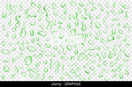 Set of translucent water drops in green colors in various shapes, isolated on transparent background. Transparency only in vector format Stock Vector