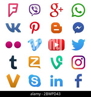 VORONEZH, RUSSIA - JANUARY 05, 2020: Set of color popular social media icons: youtube, instagram, twitter, facebook, whatsapp, pinterest, snapchat, vi Stock Vector