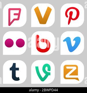 VORONEZH, RUSSIA - JANUARY 05, 2020: Set of color popular social media icons: Foursquare, Pinterest, Flickr, Vimeo, Tumblr, Vine and others Stock Vector