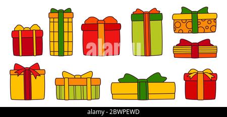 Present box flat colorful line set. Cartoon Birthday party boxes different shapes with ribbon bows. Linear holiday cute traditional gifts. Christmas or New Year design collection. Vector illustration Stock Vector