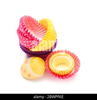 Muffin baking cups on white background Stock Photo