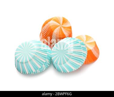 Muffin baking cups on white background Stock Photo