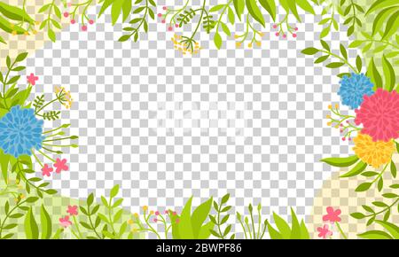 Transparent background bright with floral elements, peonies. Trendy creative empty card . Floral frame design, botanical abstract composition. Space for text, banner, card, poster. Vector illustration Stock Vector