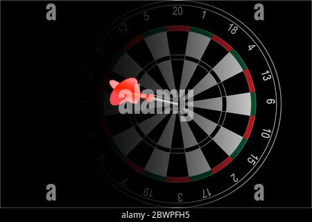 Red dart arrow hit in the target center of dartboard on black background Stock Vector