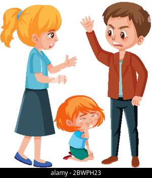 Domestic violence scene with parents fighting in front of little girl illustration Stock Vector