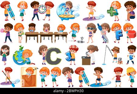 Large set of children doing different activities on white background illustration Stock Vector