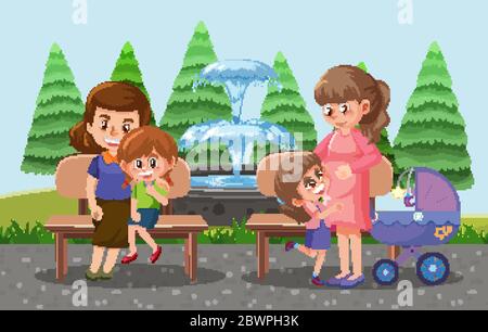 Parents take their children and baby stroller to the park cartoon style illustration Stock Vector