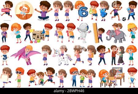 Large set of children doing different activities on white background illustration Stock Vector