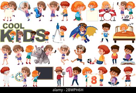 Large set of children doing different activities on white background illustration Stock Vector