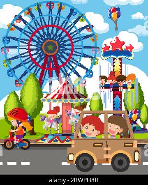 Scene with many children playing in the park illustration Stock Vector