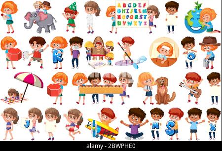 Large set of children doing different activities on white background illustration Stock Vector