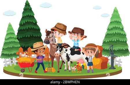 Farm scene with many kids and animals on the farm illustration Stock ...