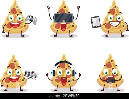 Slice of pizza cartoon character are playing games with various cute emoticons Stock Vector