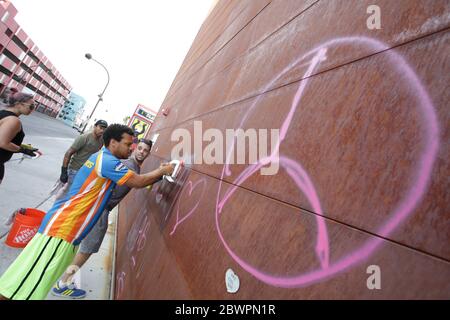 Las Vegas, United States. 02nd June, 2020. Las Vegas, NV - June 2, 2020: Members of the Black Lives Matter Demonstration cleaning up graffiti in the downtown container park area on June 2, 2020 in Las Vegas, Nevada. Credit: Peter Noble/The Photo Access Credit: The Photo Access/Alamy Live News Stock Photo
