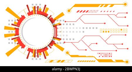 Abstract technology background with yellow and red hi-tech style circle and circuit pattern. Stock Vector