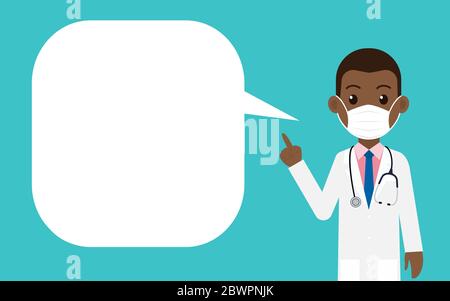 Cartoon black man doctor wearing protective mask and pointing finger with a speech bubble Stock Vector