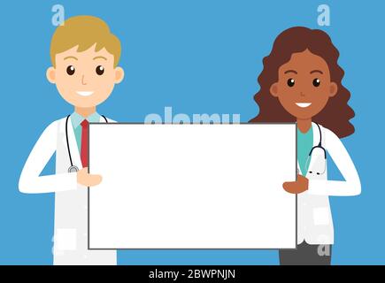 Doctors man and woman holding empty signboard for health advertisements - Vector illustration Stock Vector