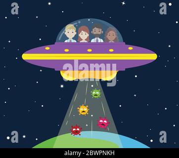 Vector illustration of medical team in UFO abducts virus from earth Stock Vector