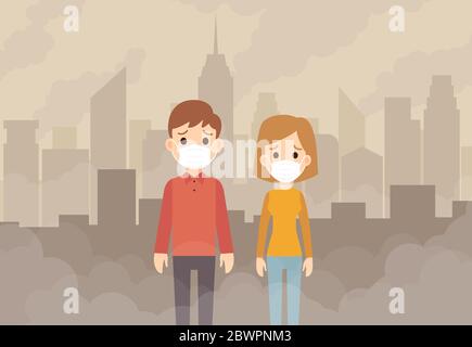 People wearing protective face masks from contaminated air and smoke in city background. Stock Vector