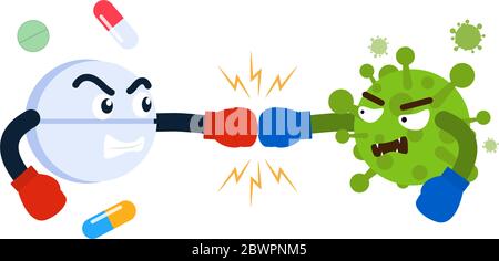 Cute Character cartoon pill wearing boxing gloves fight with virus - Vector illustration Stock Vector