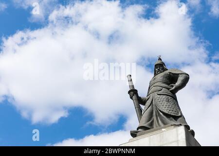 Gwanghwamun Square, Seoul, South Korea - February 27, 2020: Admiral Yi Sun-shin statue with blue sky and clouds background Stock Photo