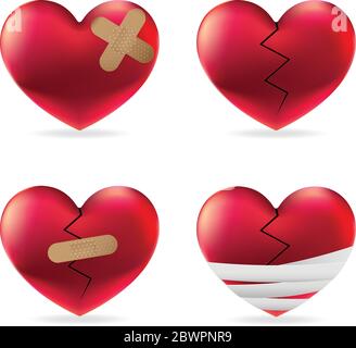 Heart injury with adhesive elastic medical plasters and bandage vector set Stock Vector