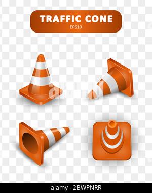 Traffic cones collection. Isometric set of icons for web design isolated on white background. Realistic vector illustration. Stock Vector
