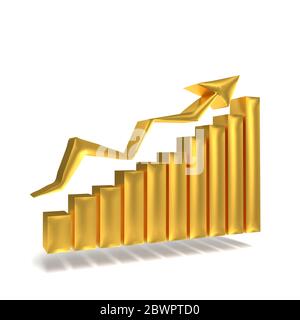 business gold graph with arrow showing the success. gold market online gold concept. bar gold chart business growth with rising up arrow. 3d rendering Stock Photo