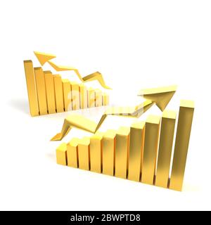 business gold graph with arrow showing the success. gold market online gold concept. bar gold chart business growth with rising up arrow. 3d rendering Stock Photo