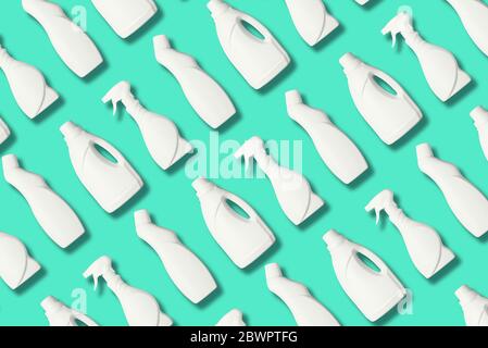 Plastic bottles pattern of cleaning products on blue background. Plastic waste. Detergent bottle pattern. Chemical cleaning supplies. Stop plastic, re Stock Photo