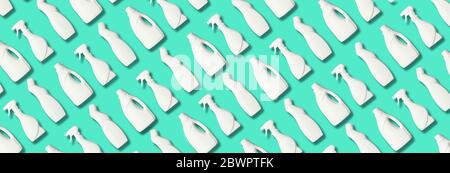 Plastic bottles pattern of cleaning products on blue background. Plastic waste. Detergent bottle pattern. Chemical cleaning supplies. Stop plastic, re Stock Photo
