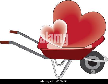 Two read valentines hearts in a red wheelbarrow, simple vector illustration Stock Vector