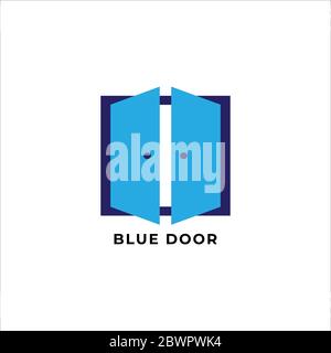 Blue Door logo design template isolated on white background. Twin Door illustration logo concept. Stock Vector