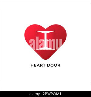 Red Heart door logo design template isolated on white background. Heart with opened twin door logo concept Stock Vector