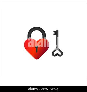 Heart padlock with the key vector illustation isolated on white background. Shiny Black and red color. Stock Vector