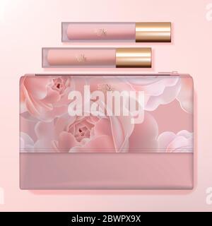 Vector Wash Bag, Travel Kit Set or Beauty Cosmetic Bag with Lip Gloss Packaging. Pink Rose Pattern Printed. Stock Vector