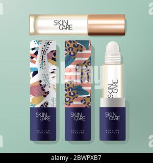 Vector Roll-on Perfume or Fragrance Oil Bottle with Recycled Paper Box Packaging, Floral Pattern Printed Stock Vector