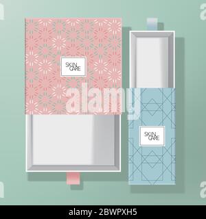 Vector Drawer Box Packaging with Pasted Colored Geometric Pattern Stock Vector