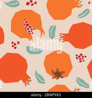 Vector Retro Style Collage Pomegranate Pattern with Beige Background Stock Vector
