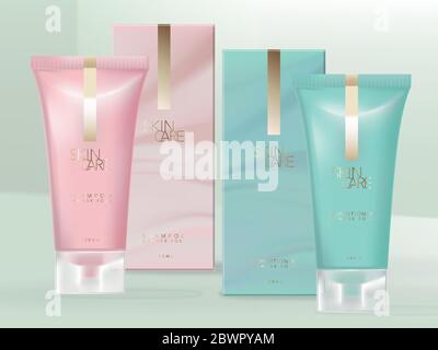 Vector Rose & Turquoise Color Beauty Tube Packaging with Semi Transparent Frosted Plastic Screw Cap. Marble Pattern Carton Box. Stock Vector